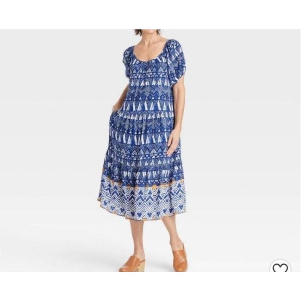 Knox Rose A-Line Midi Dress Sz XL Womans Blue Tiered Cottagecore Boho Peasant